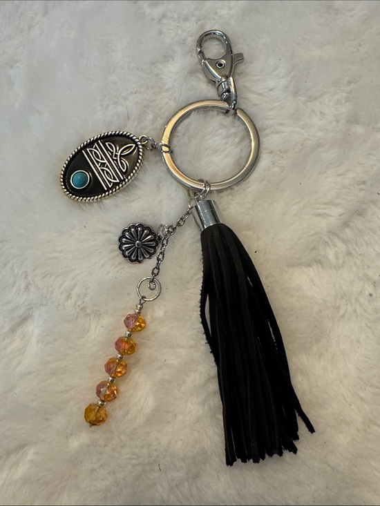 None Accessories - Black Tassel Keychain with Turquoise Accent and Amber Beads